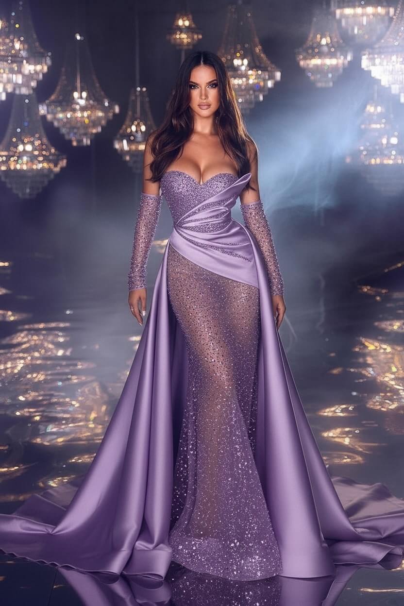 Elegant Sweetheart Prom Dress Beaded Purple Mermaid Formal Dress with Train