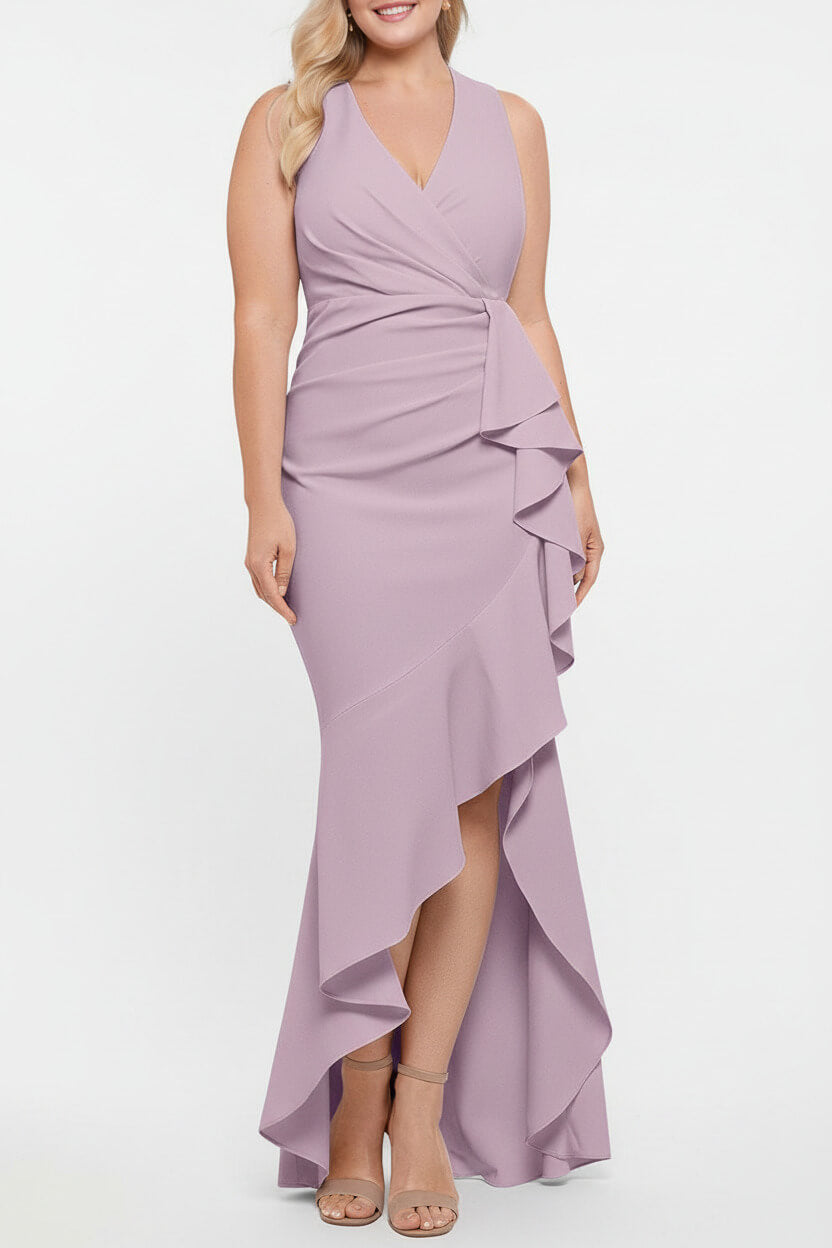 V Neck Sleeveless Plus Size Long Sheath Column Mother of the Bride Dresses with Ruffles