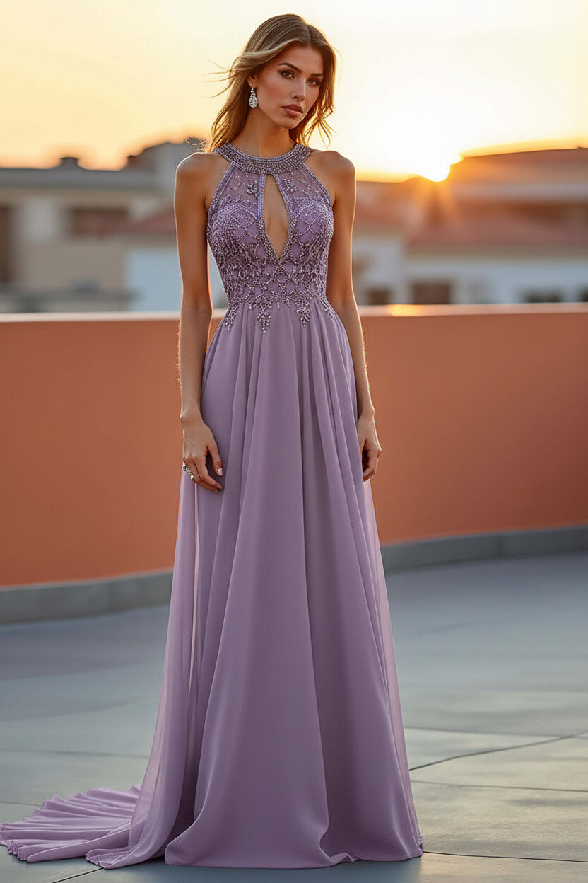 Dreamyannie Beaded Navy Wedding Guest Dress Halter Long Formal Dress With Embroideries