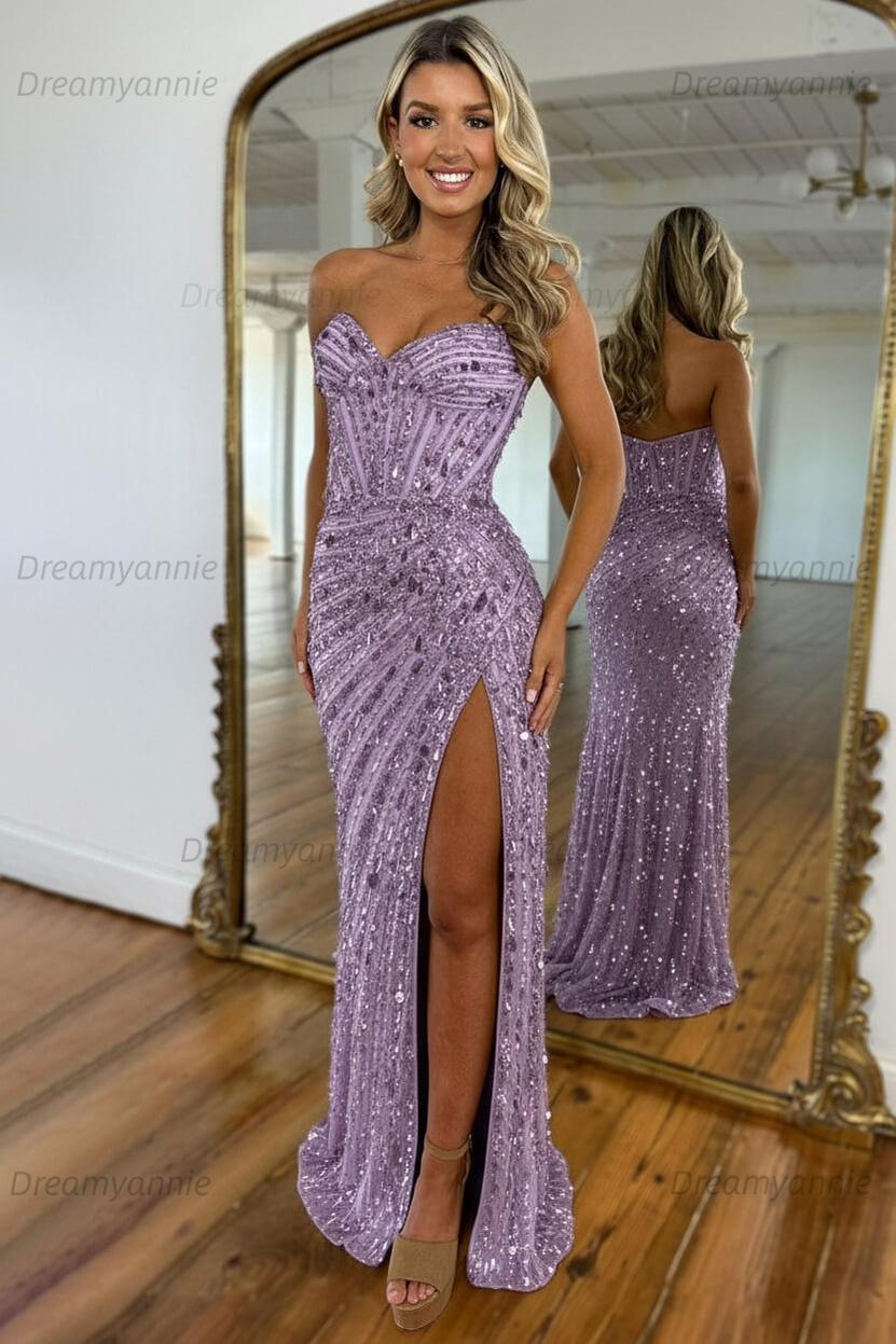 Sweetheart Mermaid Sequined Prom Dress With High Slit Skirt Formal Evening Gown