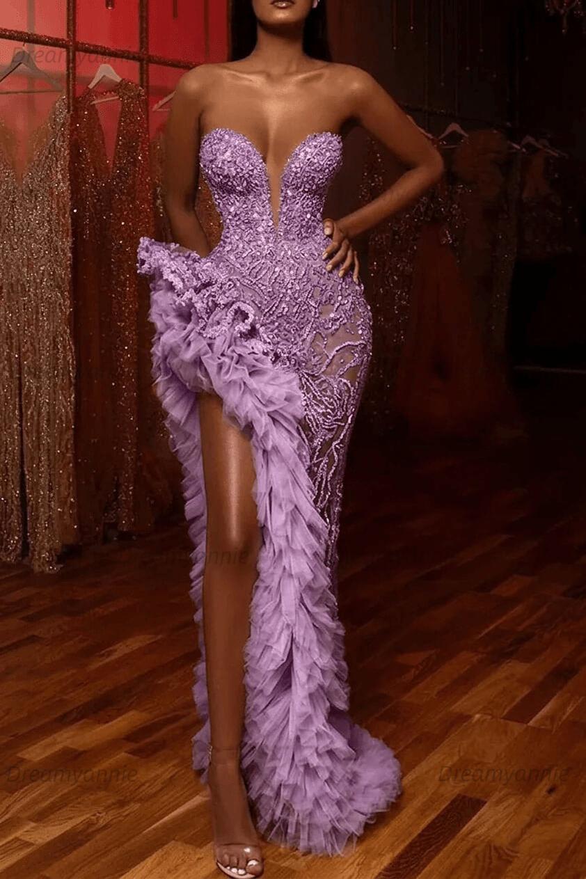 Dreamyannie Mermaid Prom Dress Beading Sleeveless Long Split Evening Dress With Ruffles
