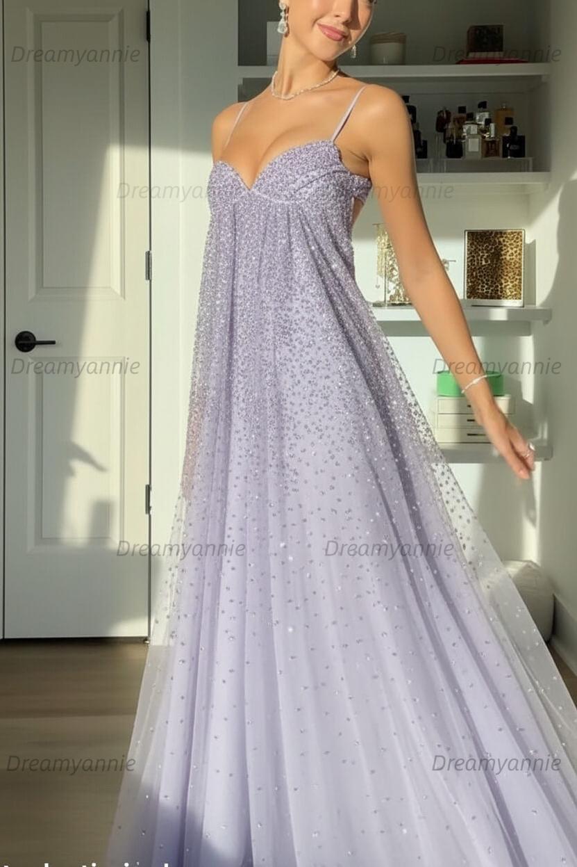 Bling A Line Spaghetti Straps Grey Blue Long Party Dress With Beading Formal Evening Gown