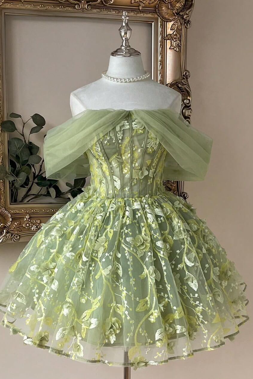 Lime Green Off-Shoulder Corset Homecoming Dress with Floral Vine Embroidery