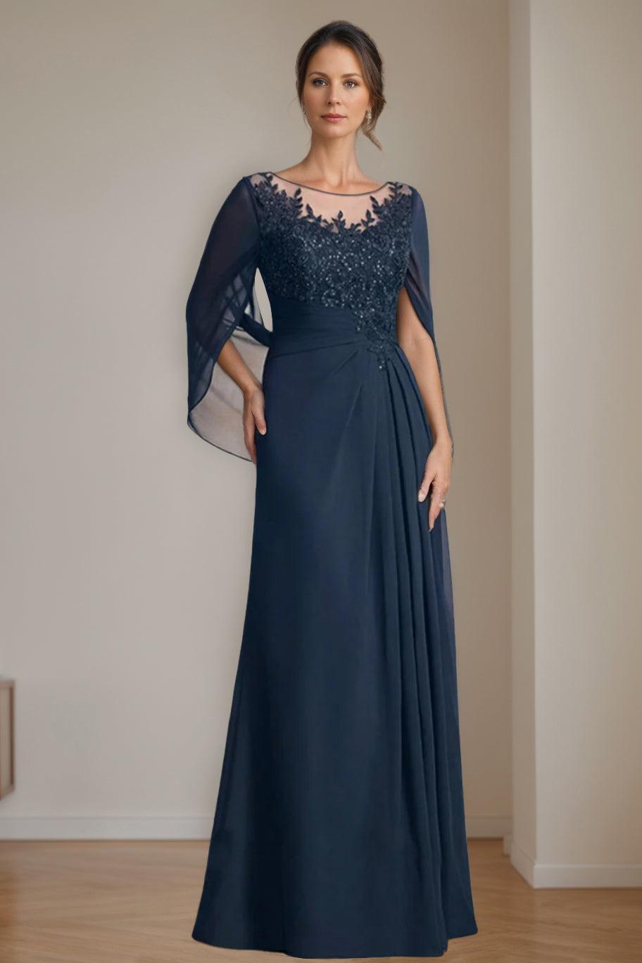 Long A Line Mother of the Bride Dresses with Scoop Neckline Pleated & Sequins