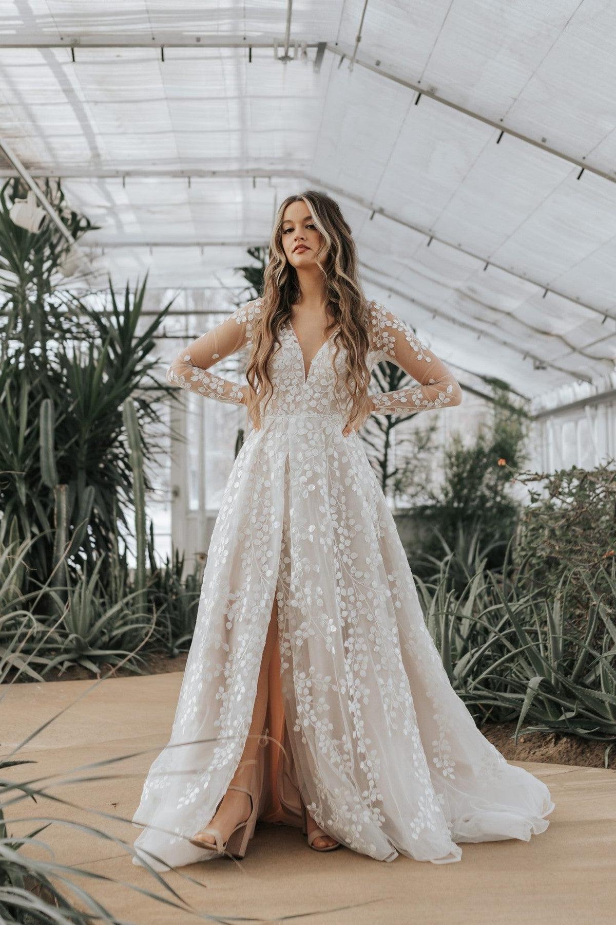 Long A Line Unique V Neck Long Sleeves Appliques Bridal Gown With Slit