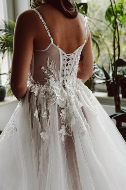 Long A Line Wedding Dress Spaghetti Straps Tulle Lace Bridal Gown With Slit