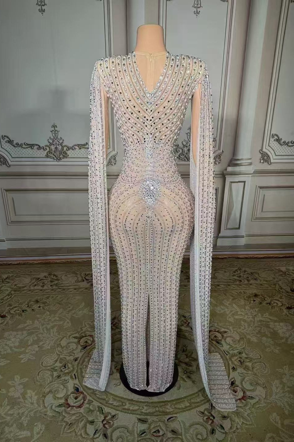 Long Beaded Mermaid Prom Dress Wateau Sleeves Formal Evening Dress