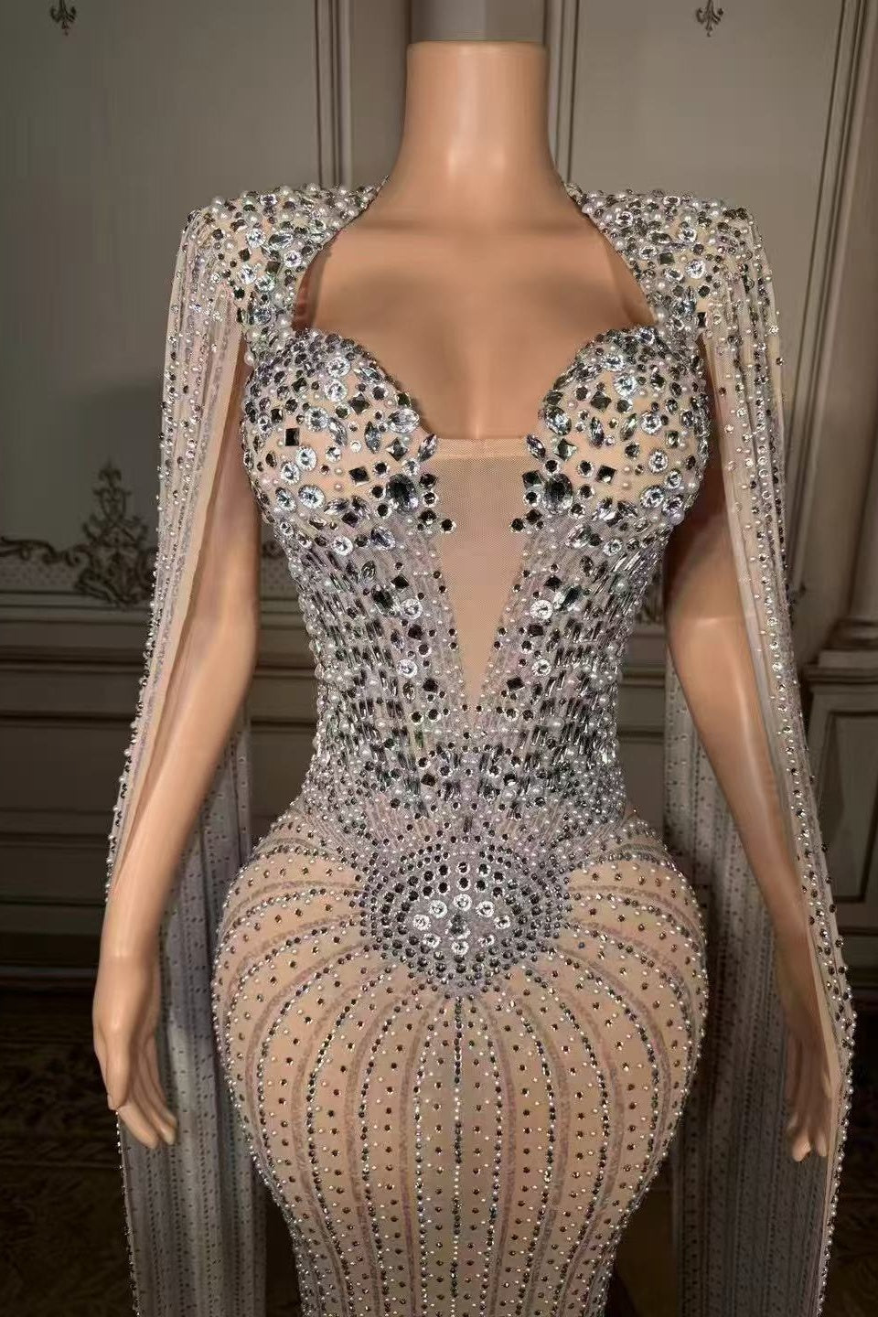 Long Beaded Mermaid Prom Dress Wateau Sleeves Formal Evening Dress