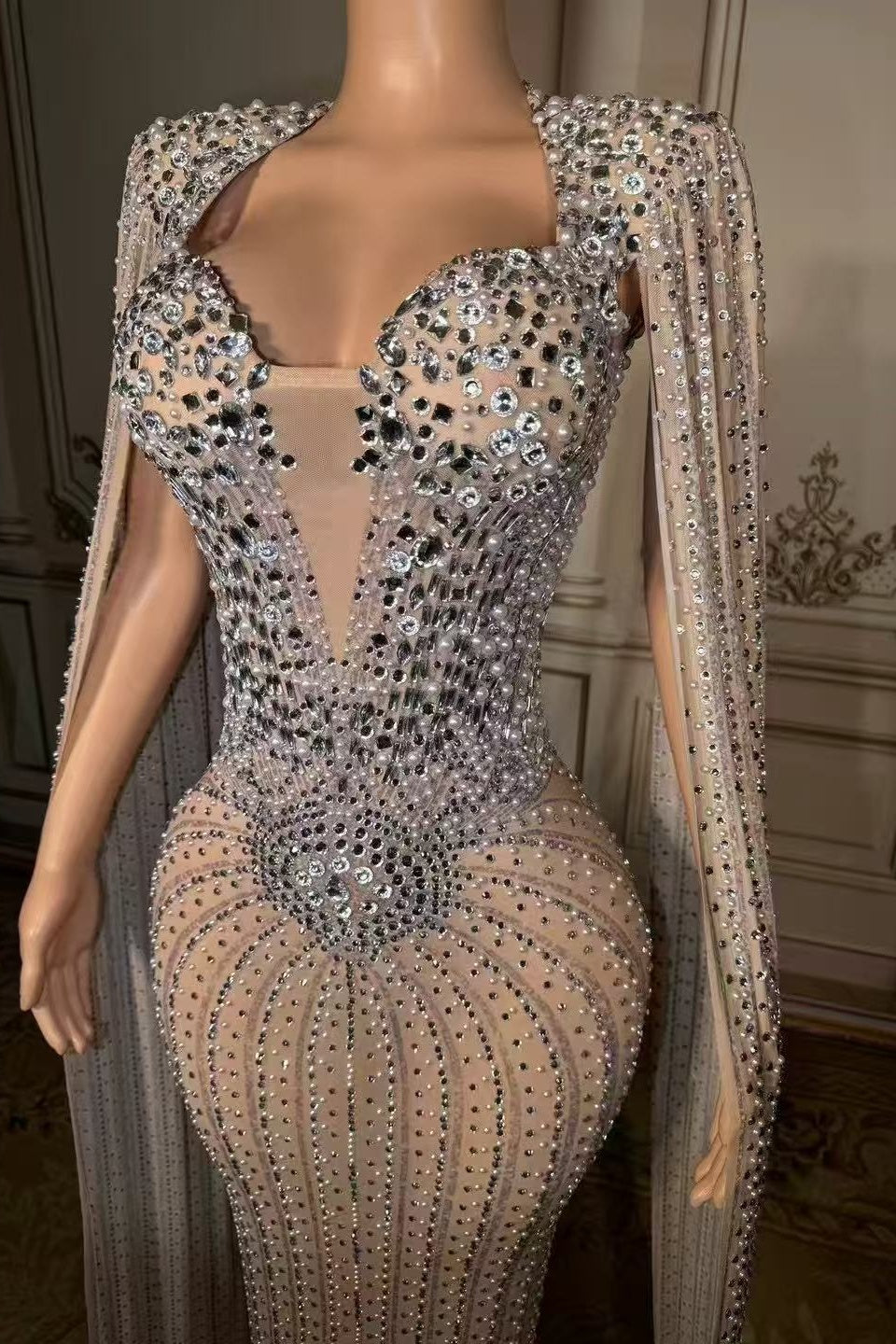 Long Beaded Mermaid Prom Dress Wateau Sleeves Formal Evening Dress