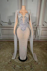 Long Beaded Mermaid Prom Dress Wateau Sleeves Formal Evening Dress