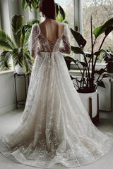 Long Ivory A Line Wedding Dress Sleeves Lace Bridal Gown With Slit