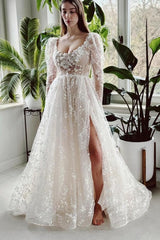 Long Ivory A Line Wedding Dress Sleeves Lace Bridal Gown With Slit