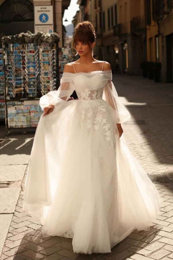 Long Ivory Wedding Dress A Line Spaghetti Straps Lace Tulle Bridal Gown