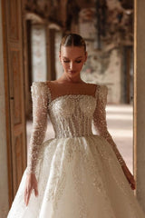 Long Ivory Wedding Dress A Line Square Neck Lace Beading Bridal Gown With Long Sleeves