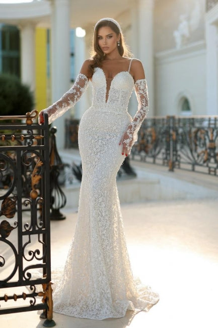 Long Ivory Wedding Dress Mermaid Spaghetti Straps V Neck Lace Bridal Gown With Detachable Train