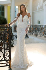 Long Ivory Wedding Dress Mermaid Spaghetti Straps V Neck Lace Bridal Gown With Detachable Train