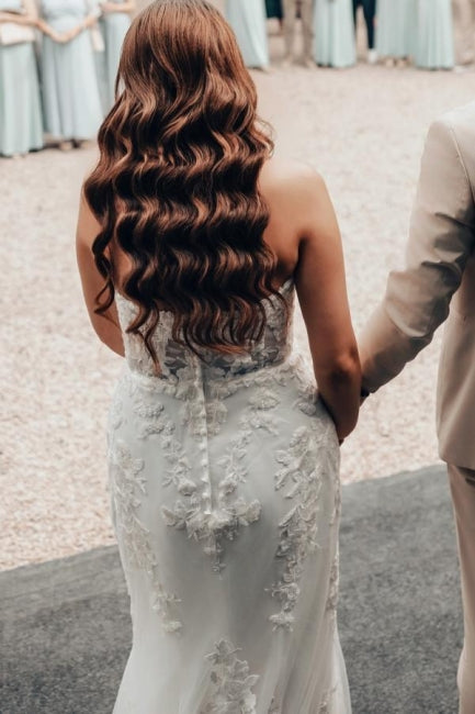 Long Ivory Wedding Dress Mermaid Strapless Lace Bridal Gown With Train