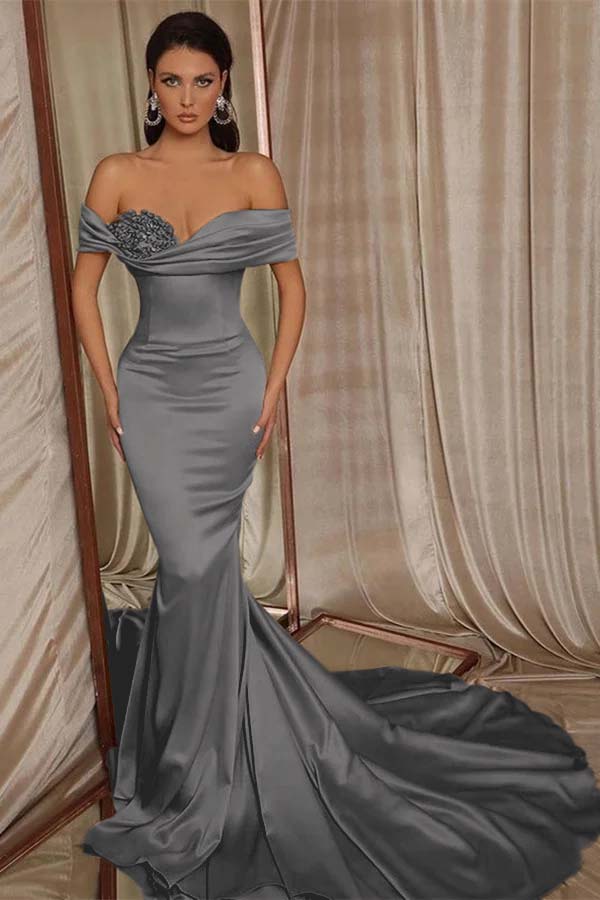 Long Mermaid Satin Beaded Prom Dress With Glitter