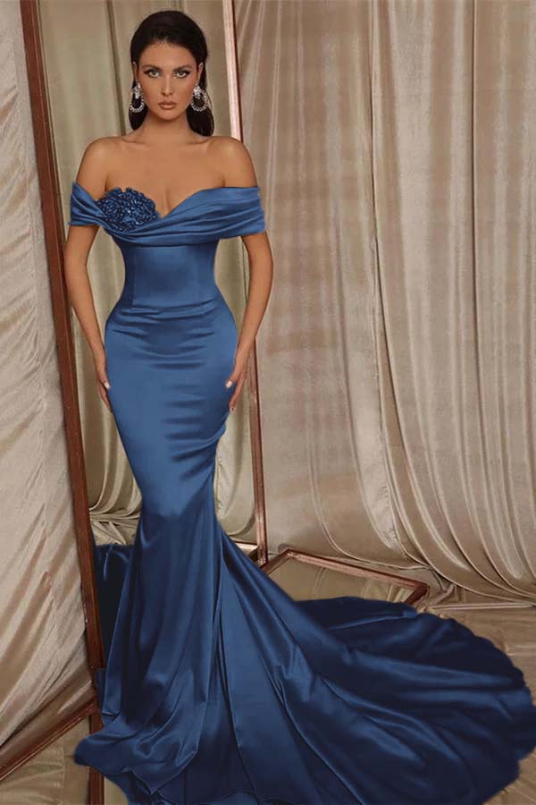 Long Mermaid Satin Beaded Prom Dress With Glitter