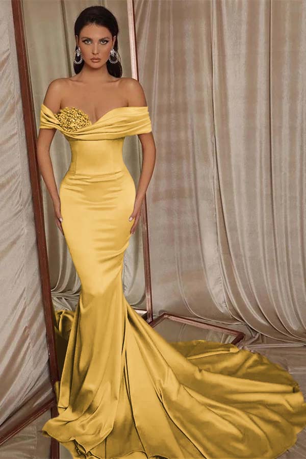 Long Mermaid Satin Beaded Prom Dress With Glitter