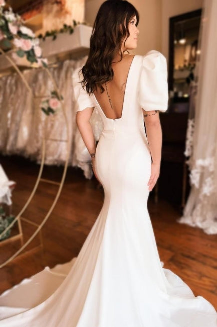 Long Mermaid Wedding Dress Square Neck Satin Backless Bridal Gown With Short Sleeves