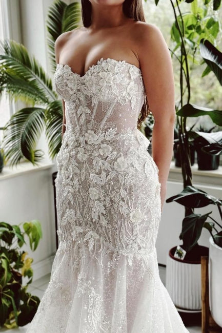 Long Mermaid Wedding Dress Strapless Lace Sequined Bridal Gown With Train