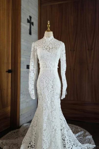 Dreamyannie Mermaid Beach Wedding Dress Long Sleeve Lace High Neck Bridal Gown