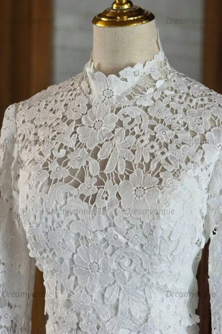 Dreamyannie Mermaid Beach Wedding Dress Long Sleeve Lace High Neck Bridal Gown