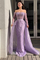 Long sleeve beaded off-the-shoulder mermaid prom dress with detachable tulle train, front view