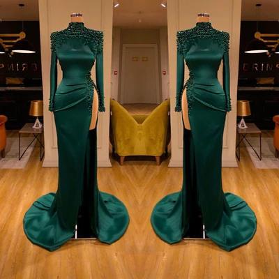Long Sleeve Formal Dress Dark Green High Neck Beaded Evening Dress with Split