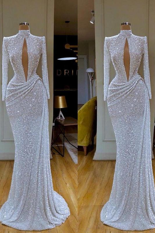 Long Sleeve Formal Dress High Neck Keyhole Sequined Evening Dress
