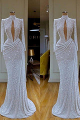 Long Sleeve Formal Dress High Neck Keyhole Sequined Evening Dress