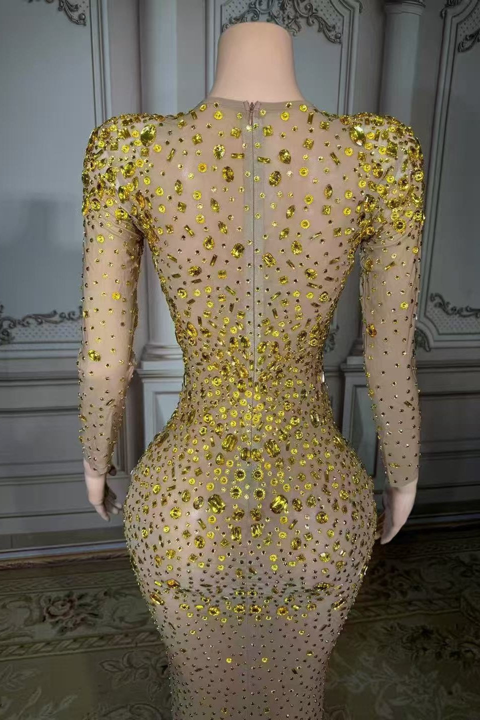 Long Sleeve Formal Evening Dress Mermaid Floor Length beaded Party Dress