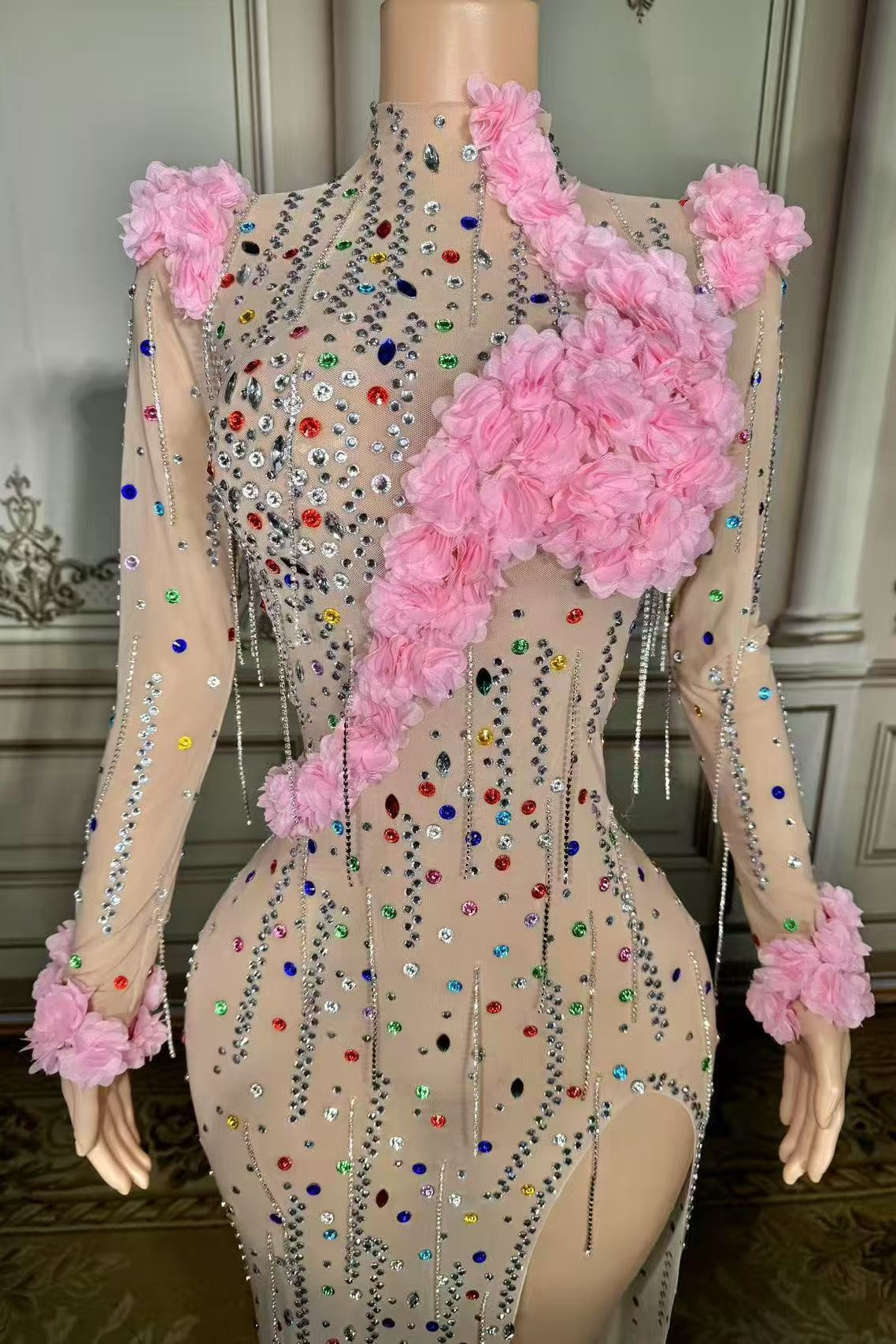 Long Sleeve High Neck Formal Dress Long Evening Party Dress with 3D Flowers