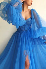 Long Sleeve Prom Dress Blue Sweetheart Tulle A Line Formal Dress with Slit