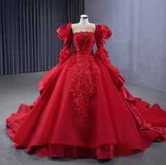 Long Sleeve Quinceanera Dress Red Crew Neck Ball Gown Sweet 16 Dress