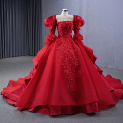 Long Sleeve Quinceanera Dress Red Crew Neck Ball Gown Sweet 16 Dress