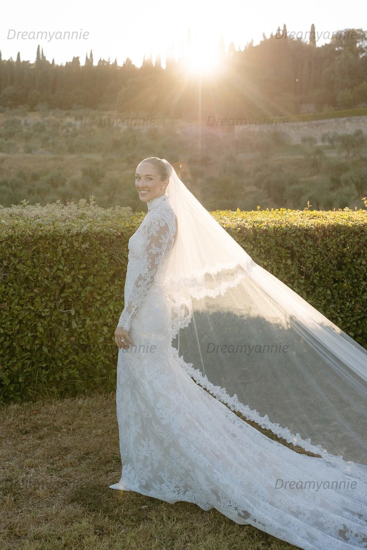 Long Sleeve Wedding Dress Ivory High Neck Lace Mermaid Bridal Gown