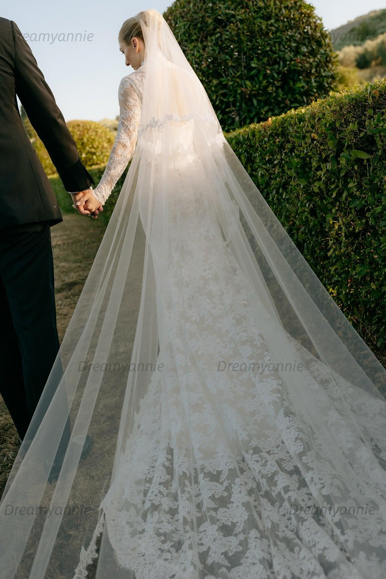 Long Sleeve Wedding Dress Ivory High Neck Lace Mermaid Bridal Gown