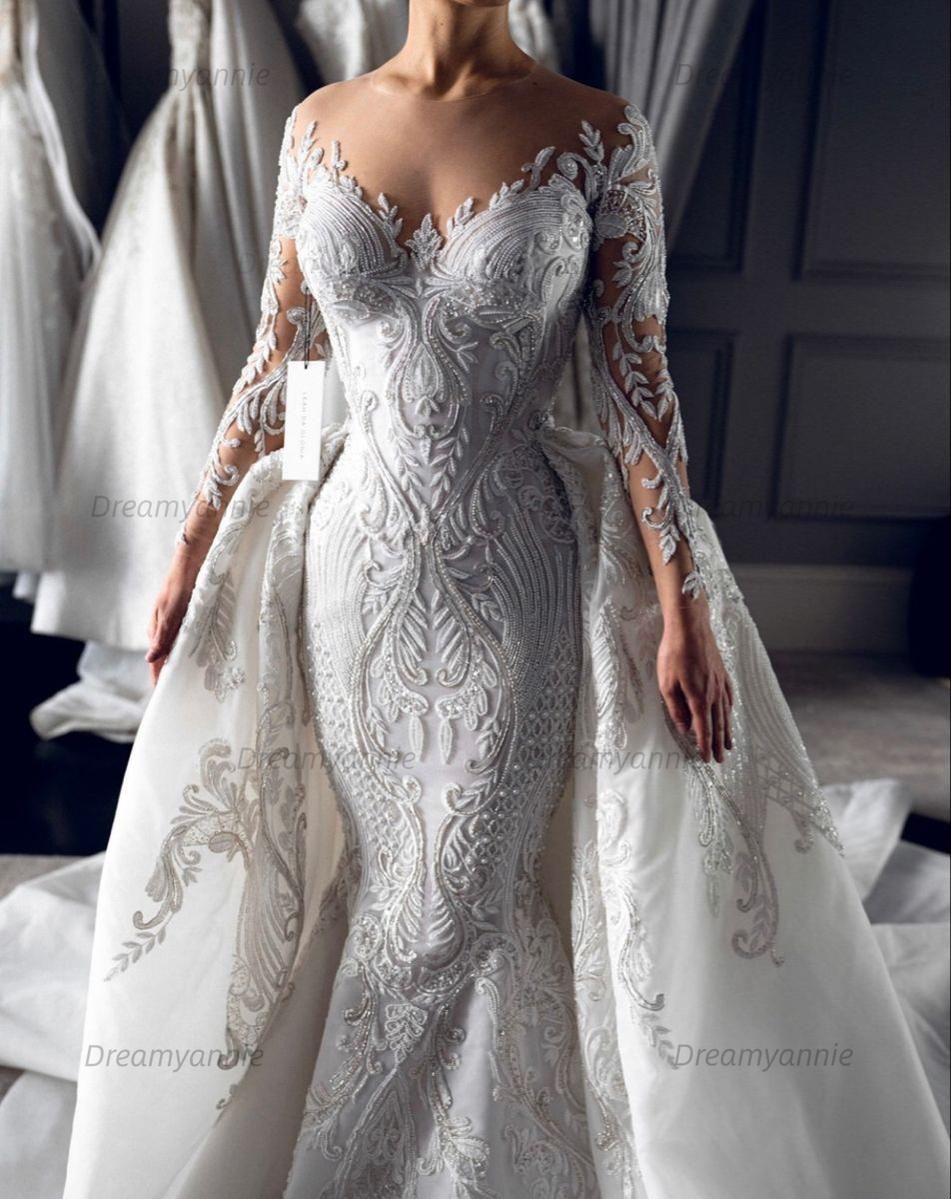 Long Sleeve Wedding Dress Ivory Mermaid Crew Neck Bridal Gown with Detachable Train