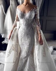 Long Sleeve Wedding Dress Ivory Mermaid Crew Neck Bridal Gown with Detachable Train
