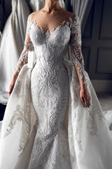 Long Sleeve Wedding Dress Ivory Mermaid Crew Neck Bridal Gown with Detachable Train