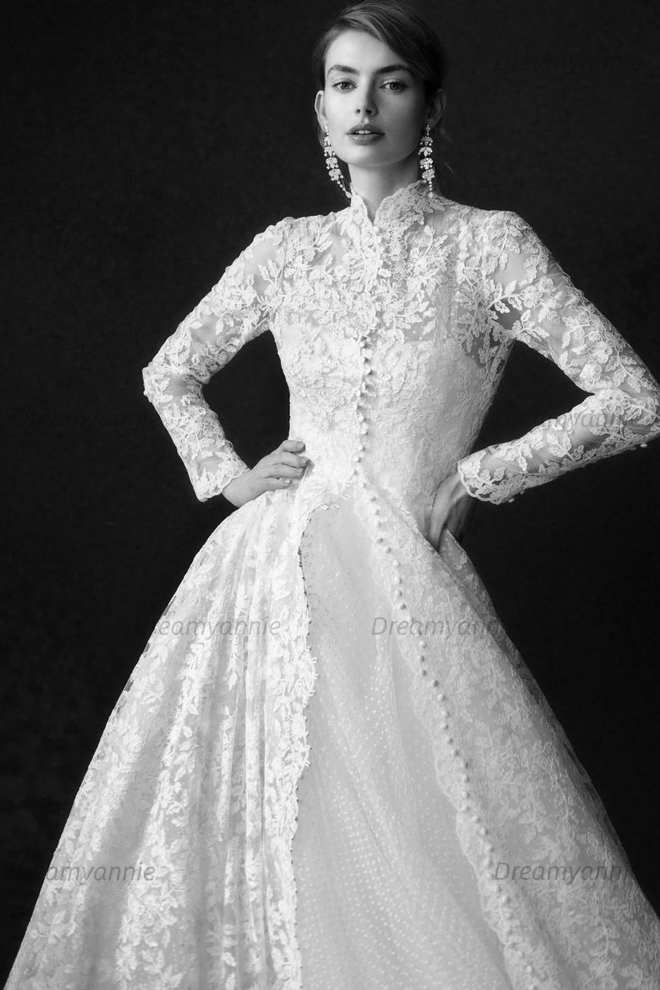 Dreamyannie Women Long Sleeve Wedding Dress Lace High Neck A Line