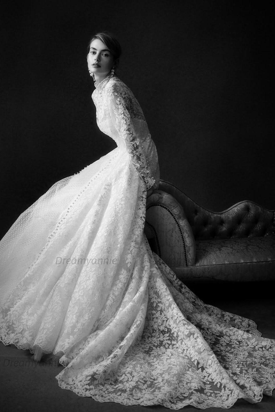 Long Sleeve Wedding Dress Lace High Neck A Line Bridal Gown