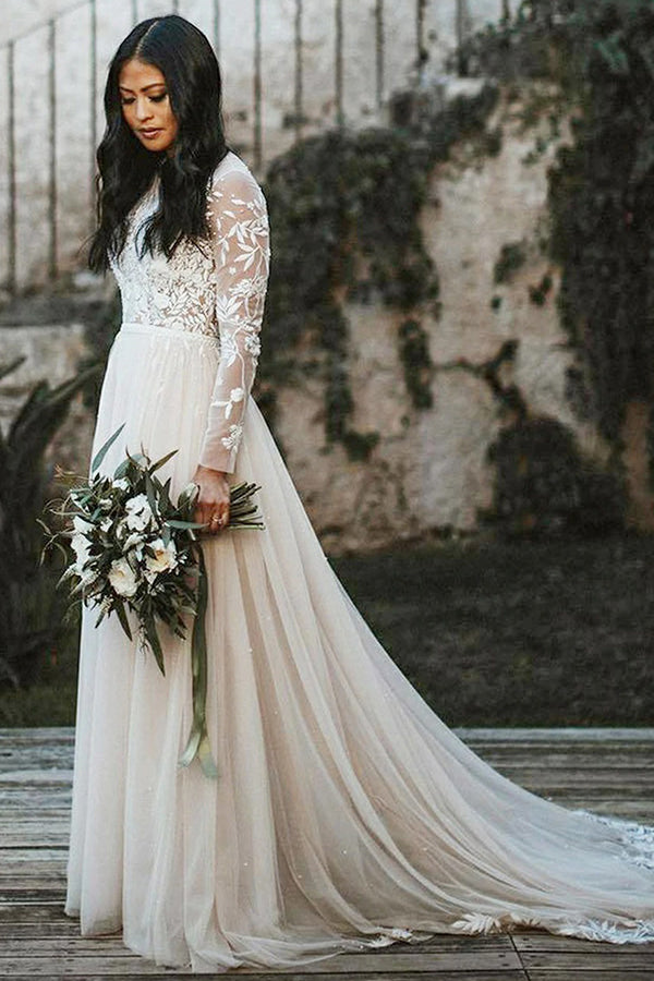 Long Sleeves A Line Wedding Dress Lace Bridal Gown