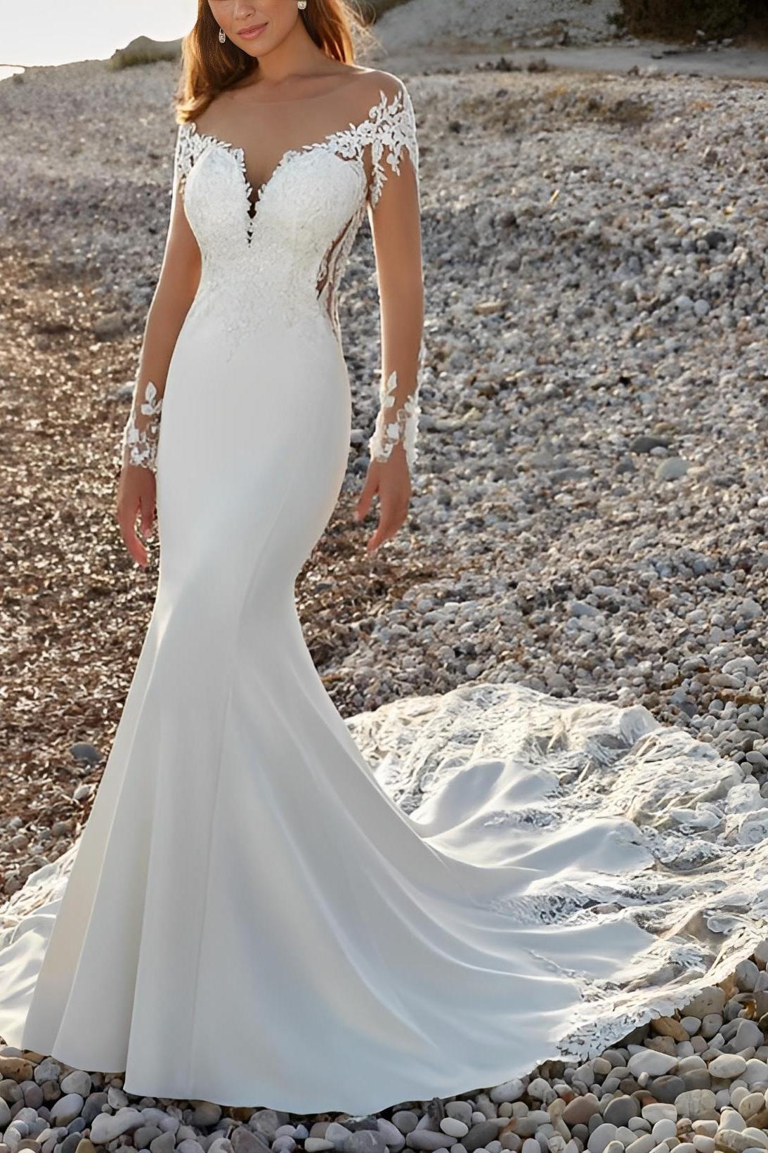 Long Sleeves Court Train Lace/Elastic Satin Wedding Dress With Appliques Lace