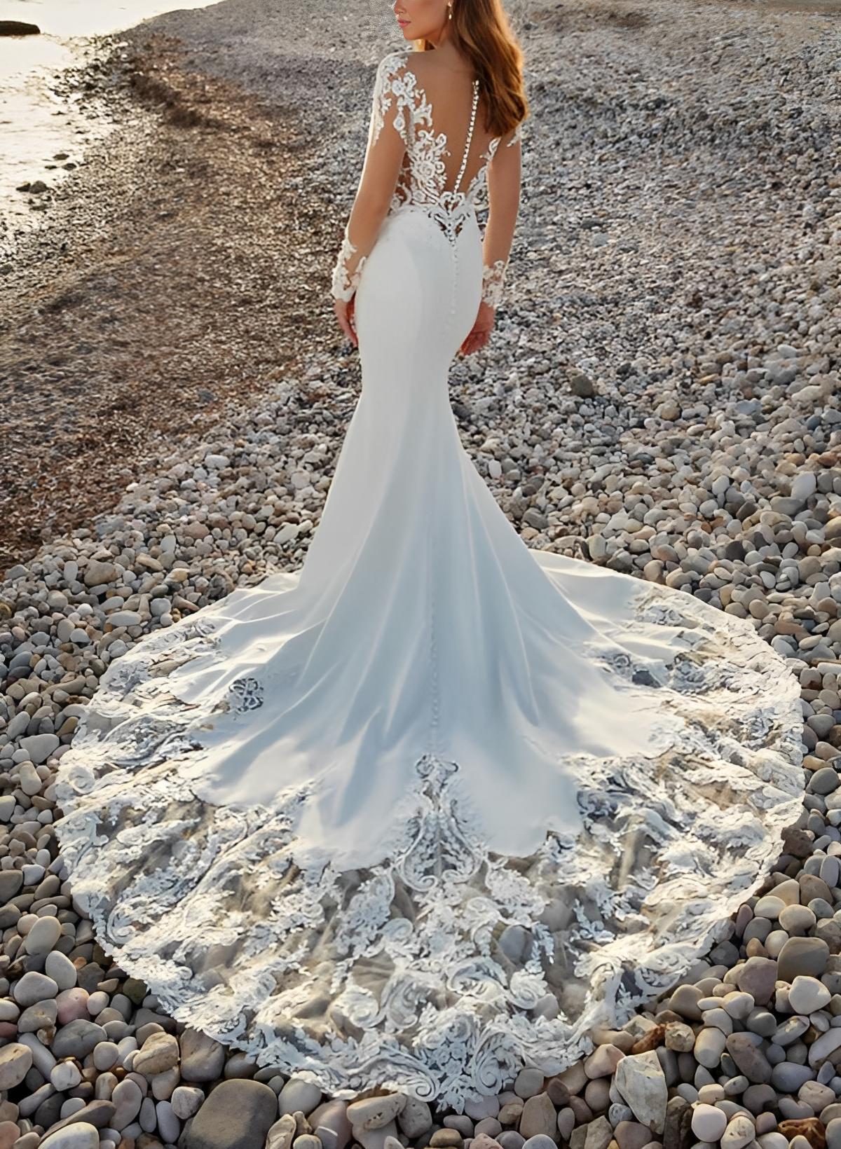 Long Sleeves Court Train Lace/Elastic Satin Wedding Dress With Appliques Lace