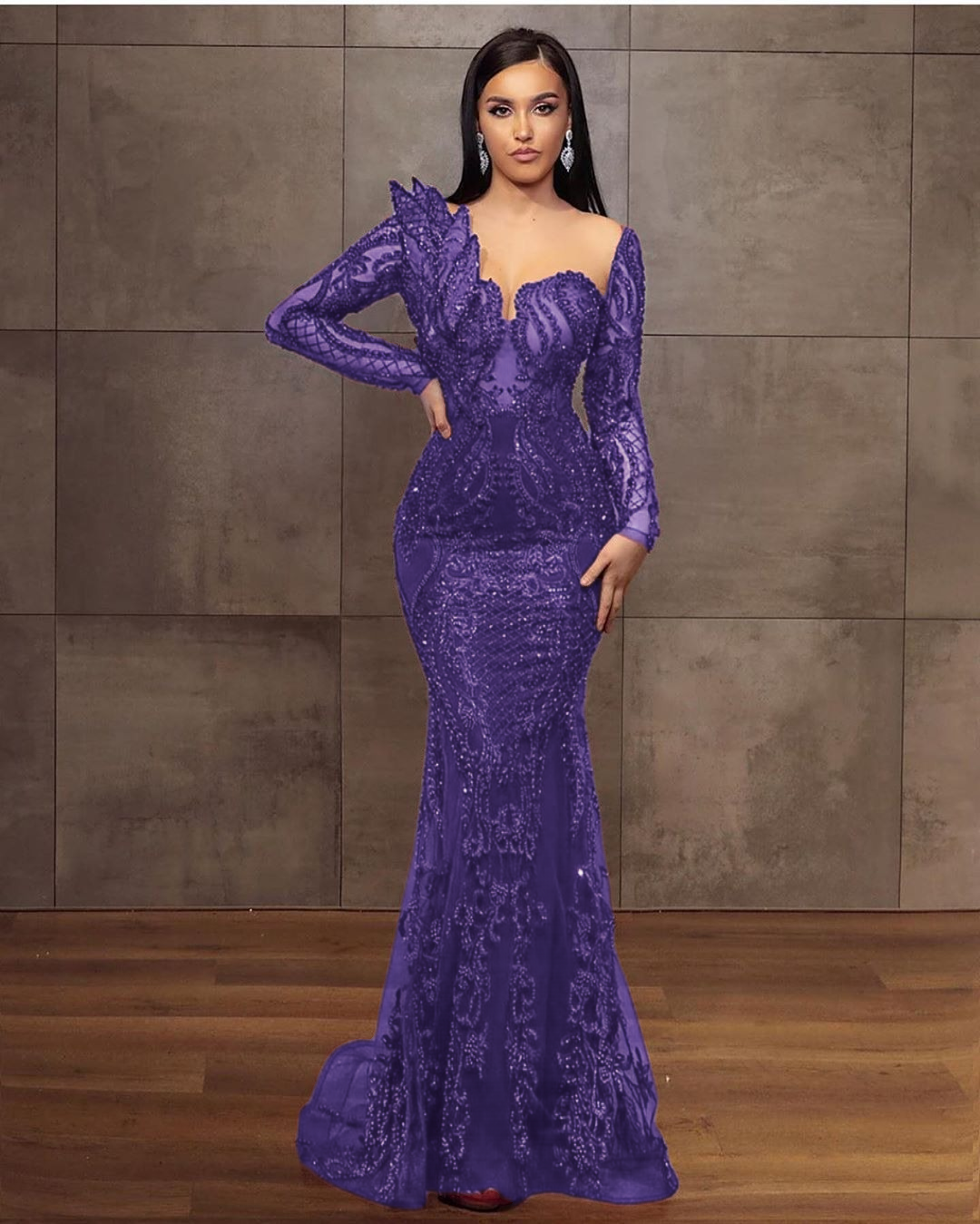 Long Sleeves Formal Dress Tulle Burgundy Lace Appliques Mermaid Evening Dress