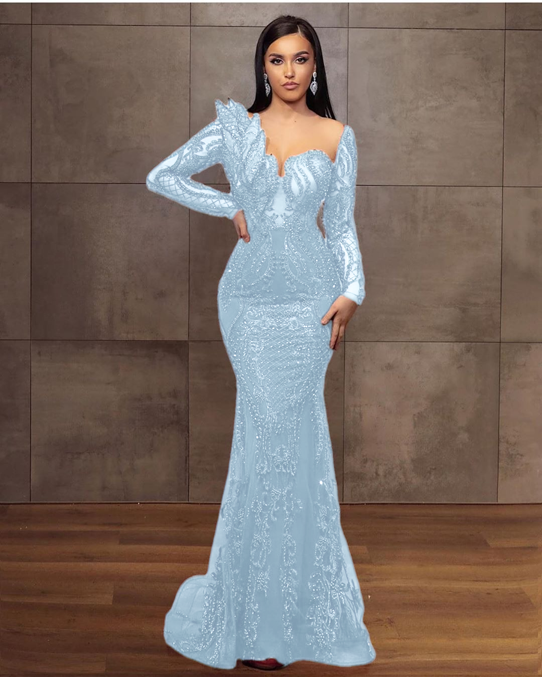 Long Sleeves Formal Dress Tulle Burgundy Lace Appliques Mermaid Evening Dress