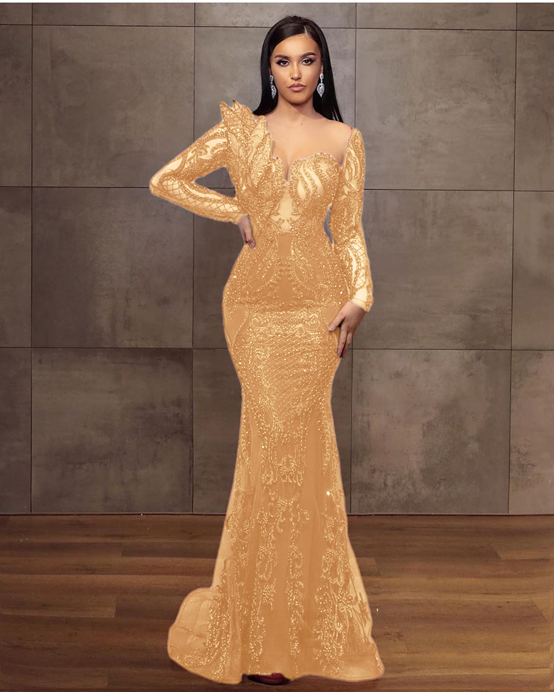 Long Sleeves Formal Dress Tulle Burgundy Lace Appliques Mermaid Evening Dress